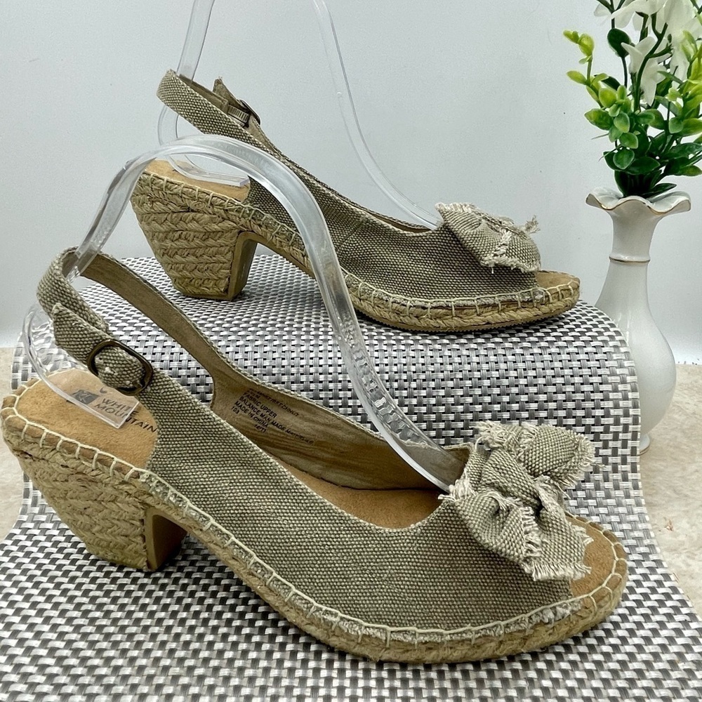 Beechnut Boho Slingback Peep Toe Espadrille Pump Sandal with Frayed edges & Bow